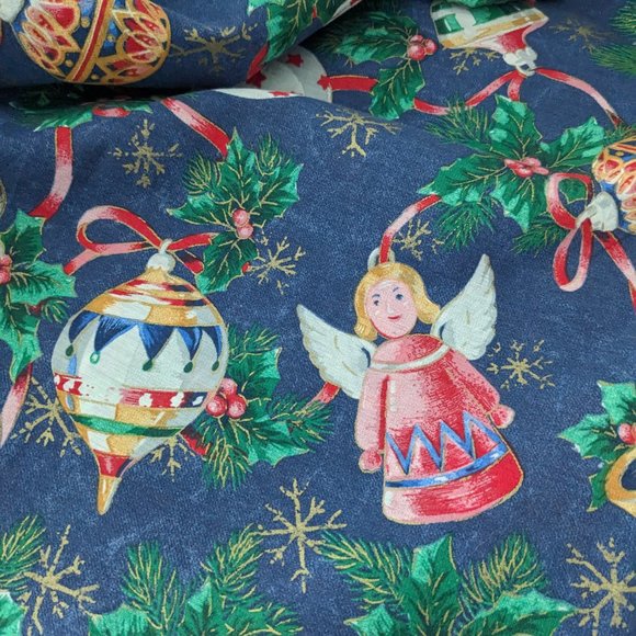 Rustic Country Denim Color Cotton Holiday Table Cloth Ornaments Holly 60"x80" - Picture 2 of 7